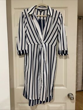 project RUNWAY Navy and White Vertical Stripe Midi Shirt Dress